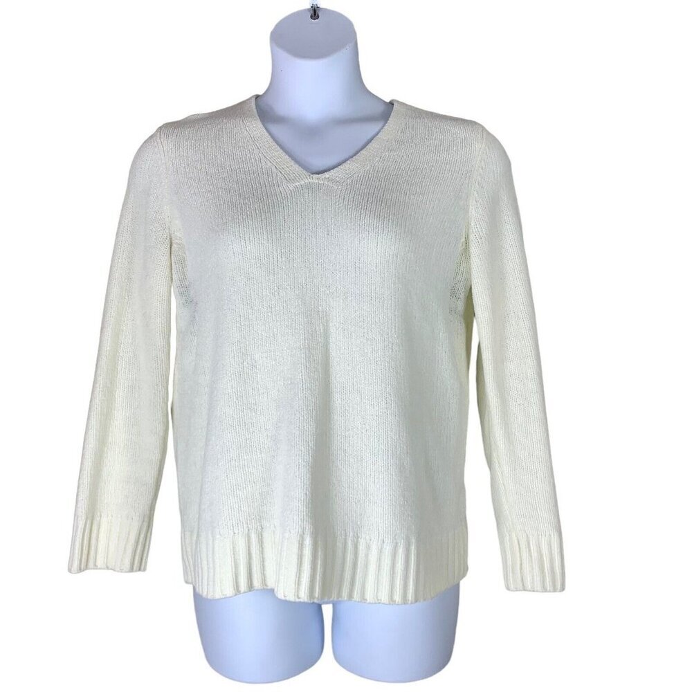 Shu Shu Size Medium Sweater White Chenille V Neck Long Sleeved Knit Pullover